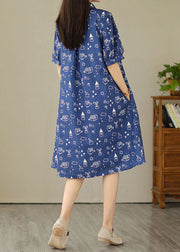 Women Blue Peter Pan Collar Print Patchwork Denim Shirts Dress Summer