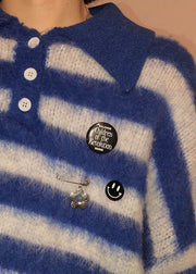 Women Blue Peter Pan Collar Striped Knit Sweater Winter