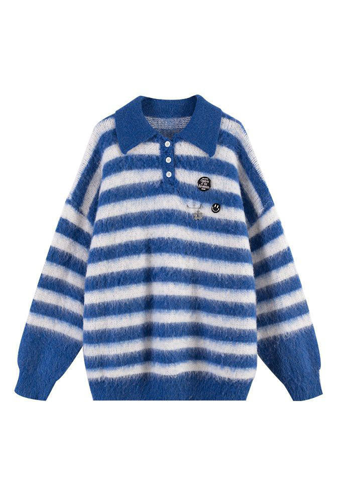 Women Blue Peter Pan Collar Striped Knit Sweater Winter