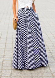 Women Blue Plaid Draping High Waist Maxi Skirt Summer