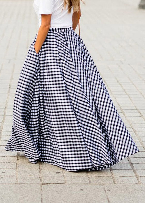 Women Blue Plaid Draping High Waist Maxi Skirt Summer