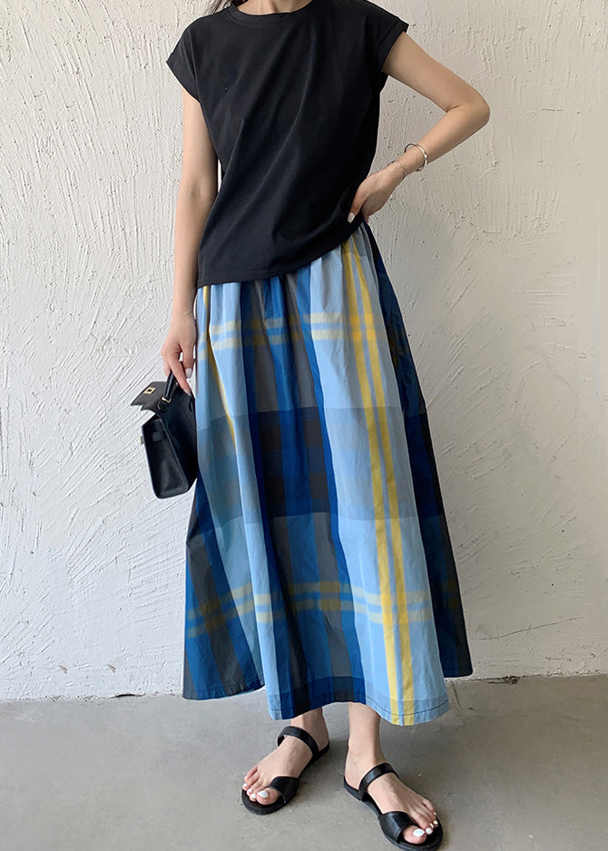 Women Blue Plaid Exra Large Hem Cotton Skirt Spring