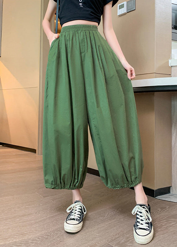 Women Blue Pockets Elastic Waist Crop Pants Summer