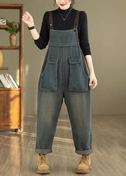 Women Blue Pockets High Waist Denim Jumpsuit Fall