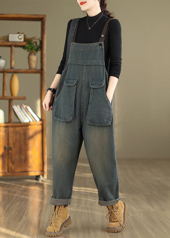 Women Blue Pockets High Waist Denim Jumpsuit Fall