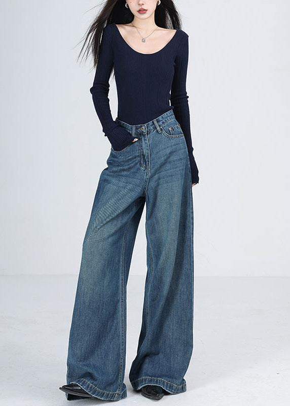 Women Blue Pockets High Waist Denim Wide Leg Pants Winter