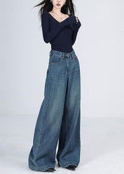 Women Blue Pockets High Waist Denim Wide Leg Pants Winter