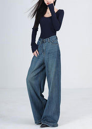 Women Blue Pockets High Waist Denim Wide Leg Pants Winter