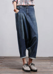 Women Blue Pockets Patchwork Denim Harem Pants Spring