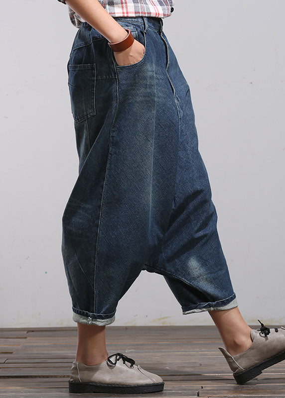 Women Blue Pockets Patchwork Denim Harem Pants Spring