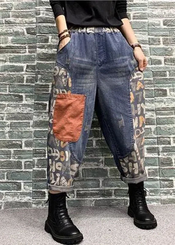 Women Blue Pockets Patchwork Print Denim Harem Pants Spring