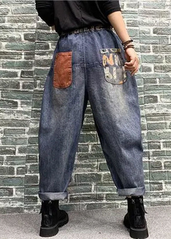 Women Blue Pockets Patchwork Print Denim Harem Pants Spring