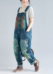 Women Blue Pockets Patchwork Print Denim Jumpsuit Spring