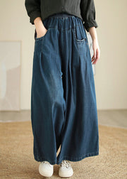 Women Blue Pockets Patchwork Wide Leg Jeans Spring