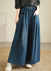 Women Blue Pockets Patchwork Wide Leg Jeans Spring