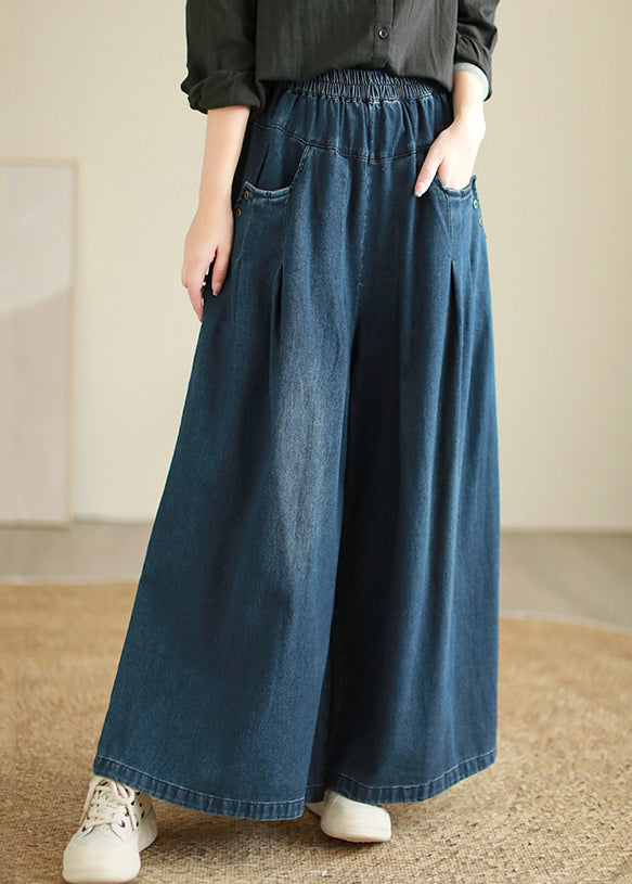 Women Blue Pockets Patchwork Wide Leg Jeans Spring