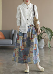 Women Blue Pockets Print Linen A Line Skirts Spring