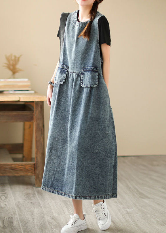 Women Blue Pockets Wrinkled Patchwork Denim Dresses Summer