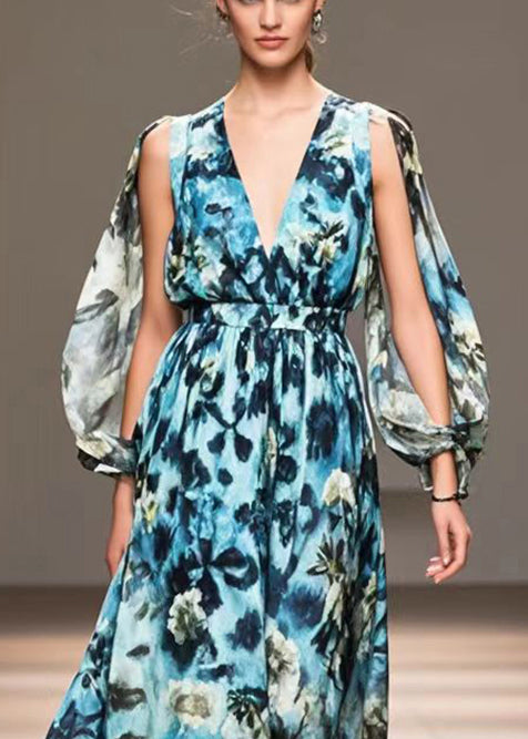 Women Blue Print Exra Large Hem Chiffon Long Dress Spring