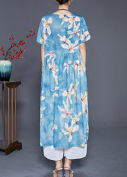 Women Blue Print Exra Large Hem Linen Vacation Dresses Summer