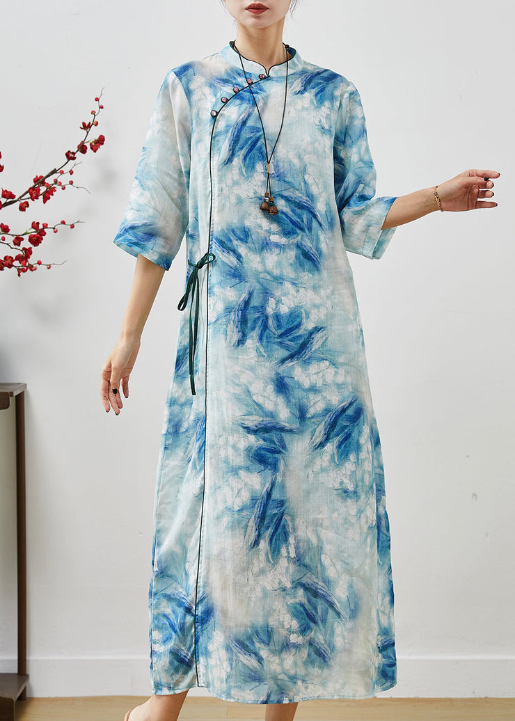 Women Blue Print Lace Up Linen Cheongsam Dresses Summer