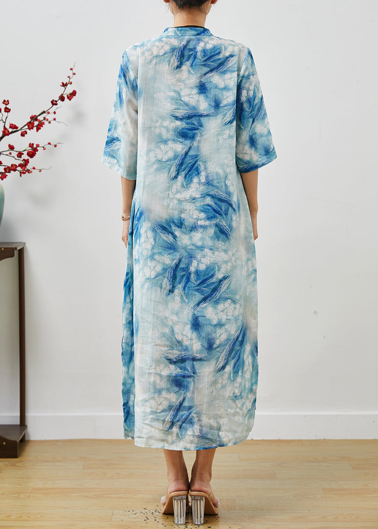 Women Blue Print Lace Up Linen Cheongsam Dresses Summer