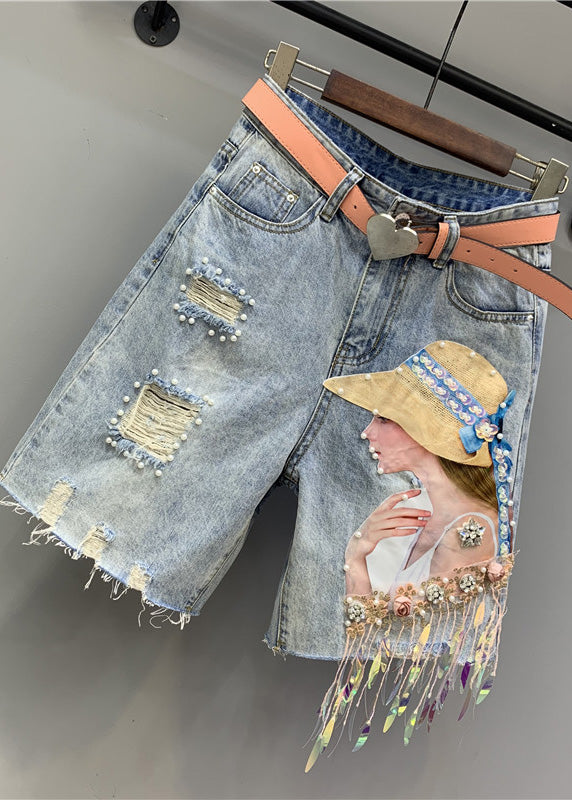 Women Blue Print Nail Bead Tassel Ripped Shorts