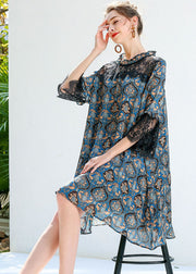 Women Blue Print Ruffled Lace Patchwork Hollow Out Chiffon Dresses Summer