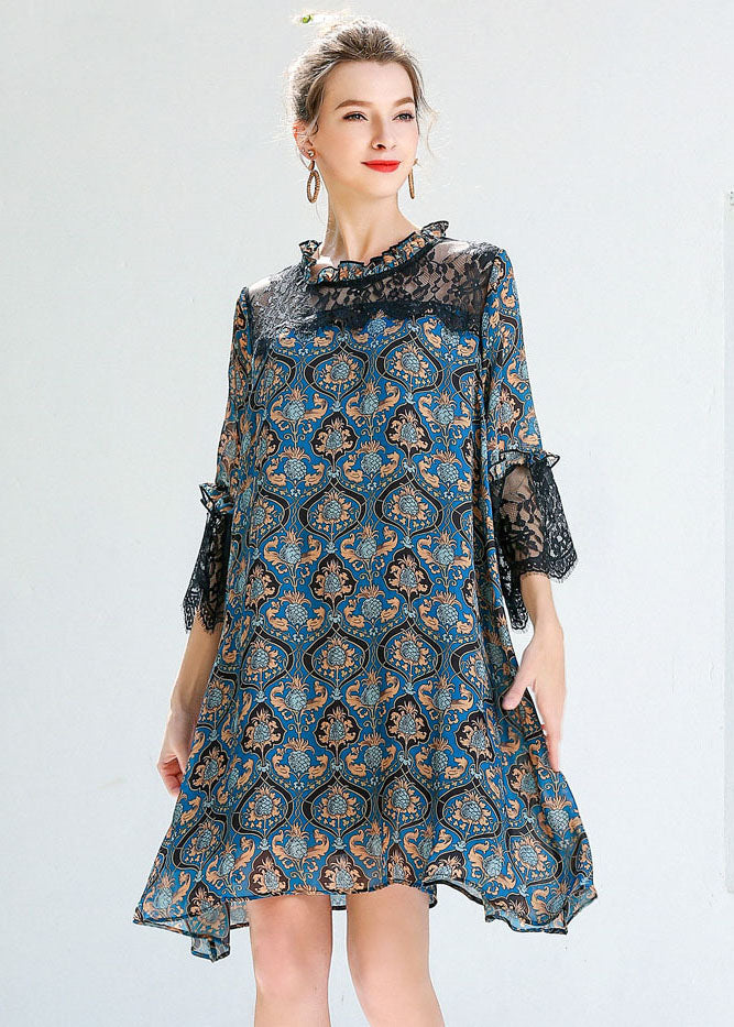 Women Blue Print Ruffled Lace Patchwork Hollow Out Chiffon Dresses Summer