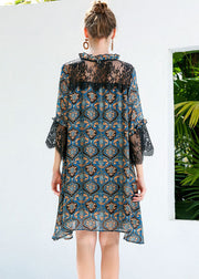 Women Blue Print Ruffled Lace Patchwork Hollow Out Chiffon Dresses Summer