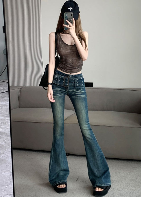 Women Blue Print Tummy Control Denim Flared Trousers Spring