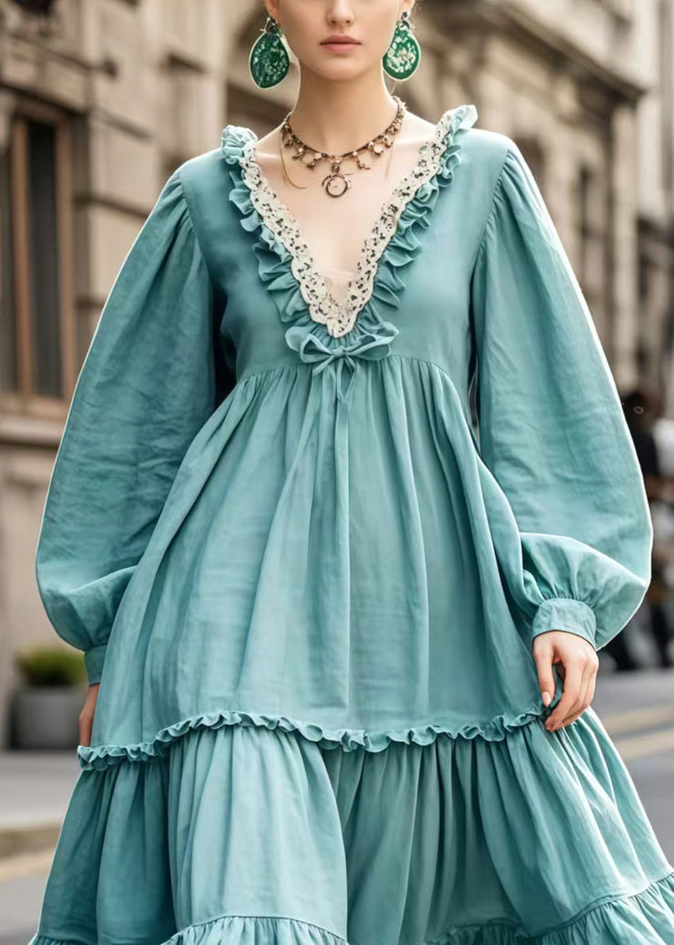 Women Blue Ruffled Oversized Cotton Maxi Dress Spring