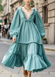 Women Blue Ruffled Oversized Cotton Maxi Dress Spring