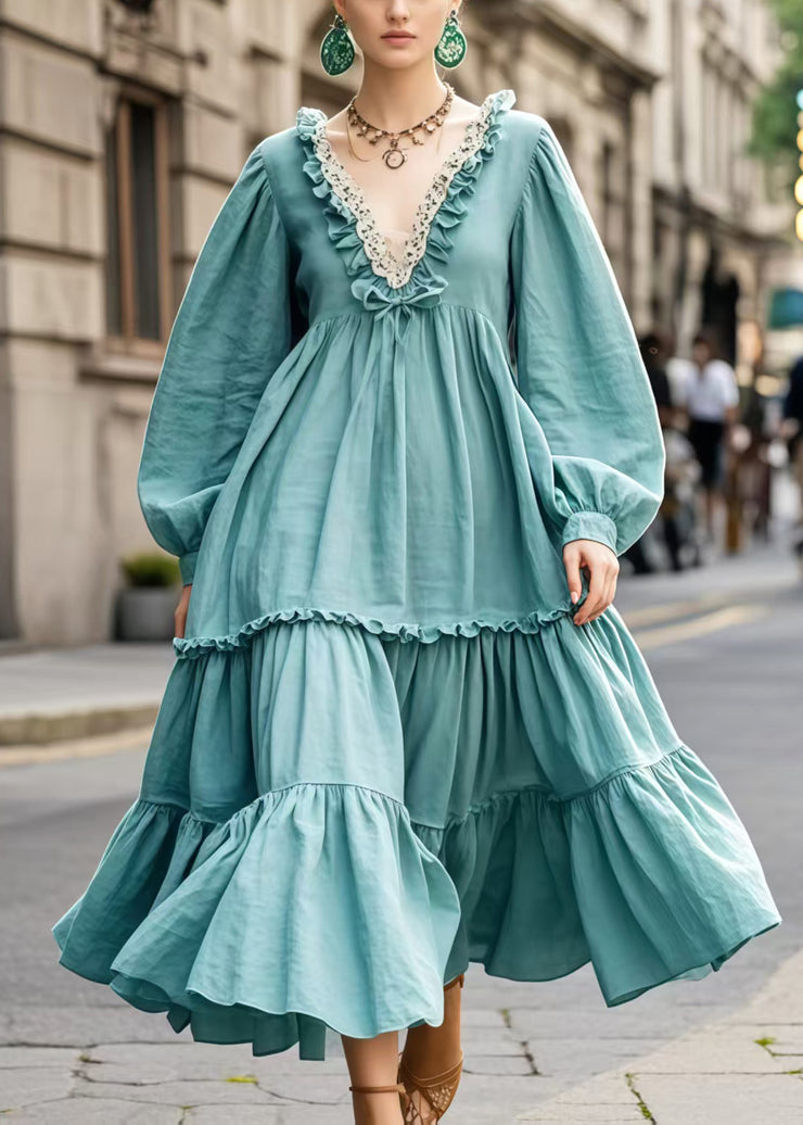 Women Blue Ruffled Oversized Cotton Maxi Dress Spring