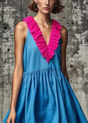 Women Blue Ruffled Patchwork Cotton Mid Dress Summer