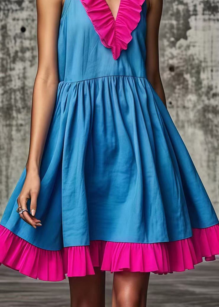 Women Blue Ruffled Patchwork Cotton Mid Dress Summer