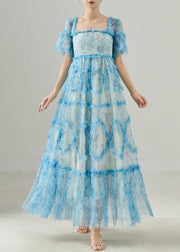 Women Blue Ruffled Patchwork Tulle Dresses Summer