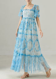 Women Blue Ruffled Patchwork Tulle Dresses Summer