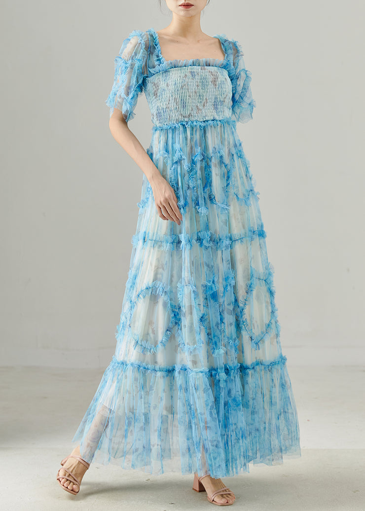 Women Blue Ruffled Patchwork Tulle Dresses Summer