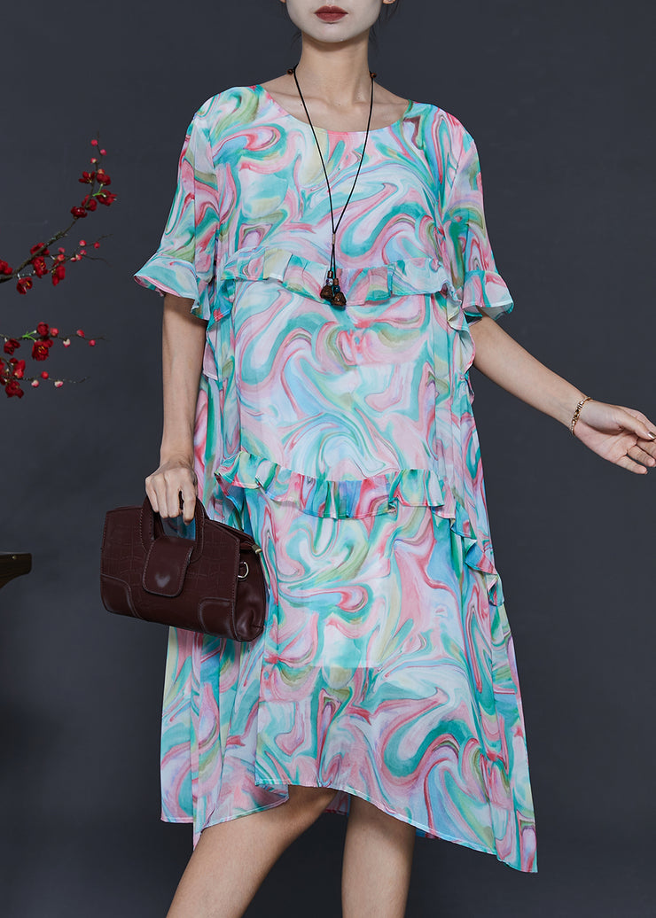 Women Blue Ruffled Print Chiffon Day Dresses Summer