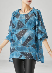 Women Blue Ruffled Print Chiffon Tanks Fall