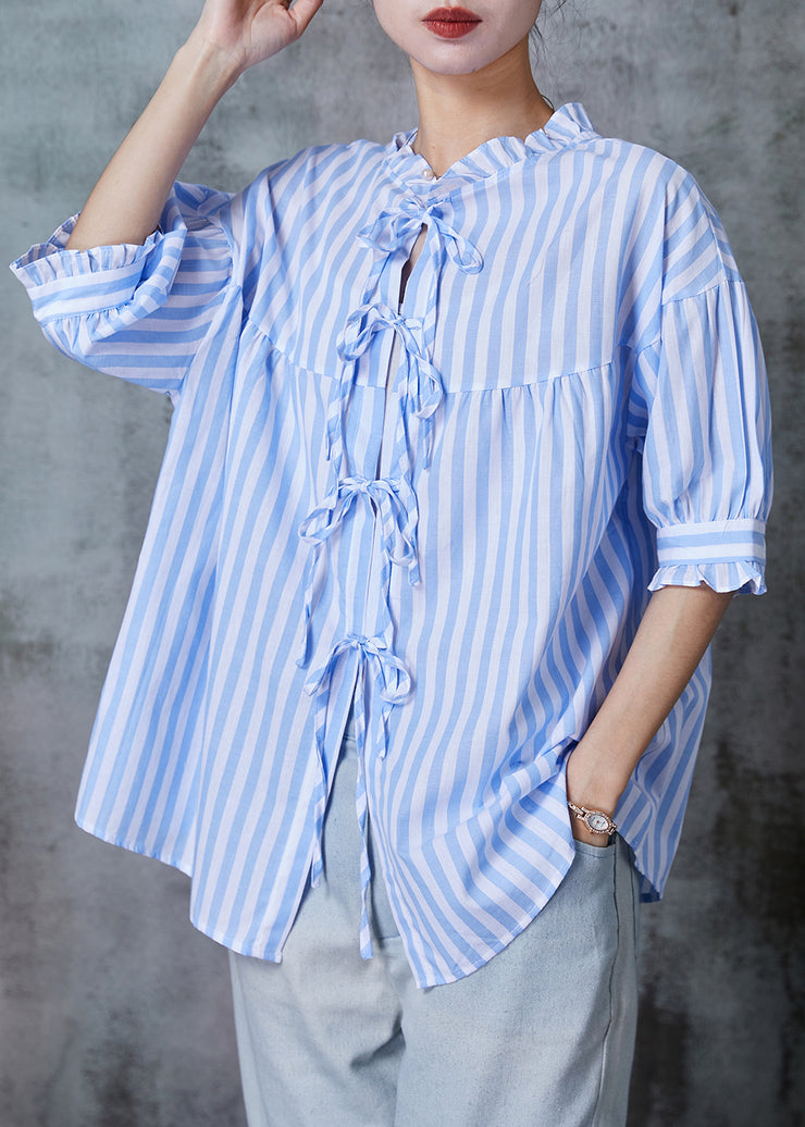 Women Blue Ruffled Striped Cotton Shirt Tops Half Sleeve