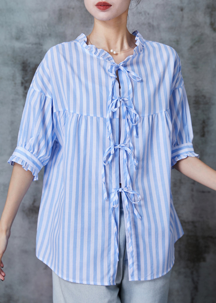 Women Blue Ruffled Striped Cotton Shirt Tops Half Sleeve