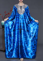 Women Blue Sequins Tie Dye Silk Holiday Dress Summer