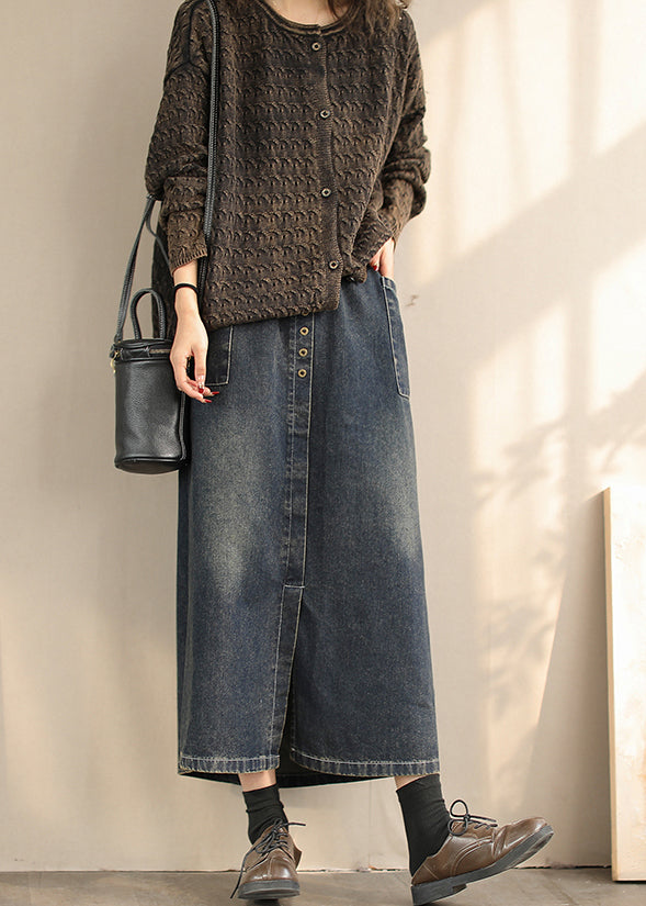 Women Blue Side Open Denim A Line Skirts Spring