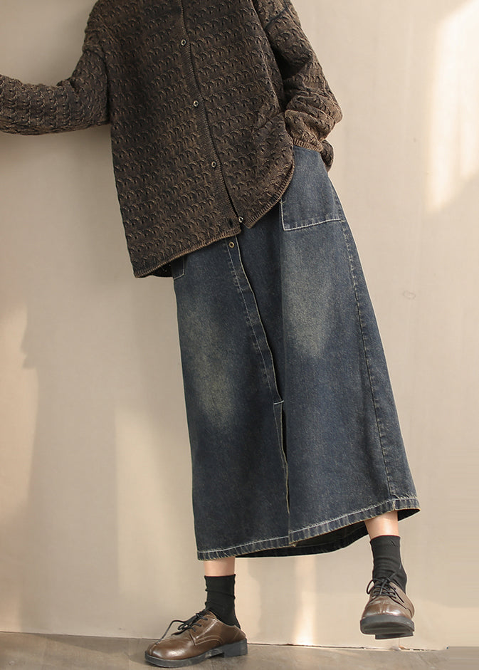 Women Blue Side Open Denim A Line Skirts Spring