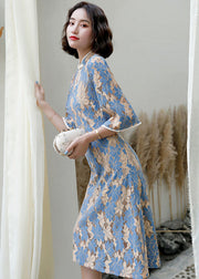 Women Blue Stand Collar Button Lace Cheongsam Dress Half Sleeve