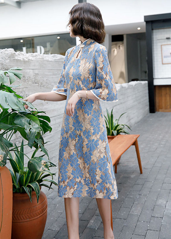 Women Blue Stand Collar Button Lace Cheongsam Dress Half Sleeve