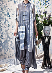 Women Blue Stand Collar Chinese Button Patchwork Silk Dresses Summer