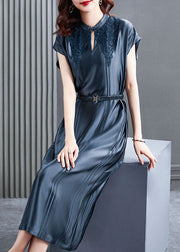 Women Blue Stand Collar Cinched Silk Long Dresses Summer